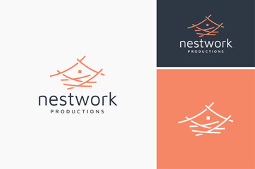 Abstract Line Art of Grass Straw Bird Nest with House Window and Roof for Family Home Apartment Building Architecture Logo Design