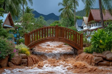 Fototapeta na wymiar The rainy season is characterized by a large volume of water flowing down from the mountains, which leads to the creation of many areas of water and the occurrence of natural disasters