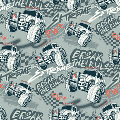 Seamless pattern with monster trucks, tire marks, checkered flags, graffiti-style slogans Break the Rules, extreme. Grunge urban design for boys, street fashion, wrapping paper, textile.