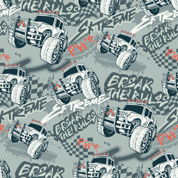 Seamless pattern with monster trucks, tire marks, checkered flags, graffiti-style slogans Break the Rules, extreme. Grunge urban design for boys, street fashion, wrapping paper, textile.