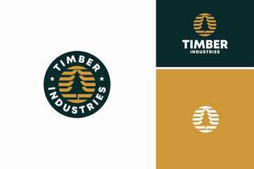 A Pine Conifer Fir Larch Evergreen Tree with golden stripes like Sun for Timber Log Forest Nature logo design