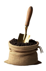 Rich soil in burlap bag with golden trowel, ready for planting
