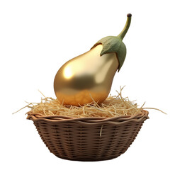 Precious golden eggplant sits nestled in basket, symbolizing wealth and success
