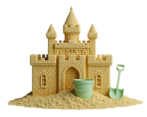 Sandcastle, bucket, and shovel scene evokes happy childhood beach fun