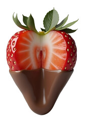 Juicy red strawberry section coated in smooth melted chocolate, sweet treat