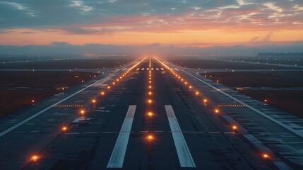 Close up of airport runway at dusk with landing lights glowing, shallow depth of field and motion blur effect, travel and transportation concept.