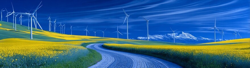 A country road lined with wind turbines set against a picturesque summer landscape
