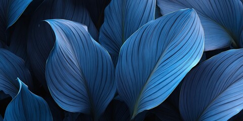 Deep blue foliage creates a serene, abstract botanical background. The rich textures and cool tones evoke tranquility and natural beauty.