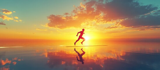 Fototapeta premium Silhouette runner at sunset over calm water