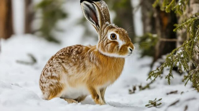 Snow-covered forest with a fluffy hare running through the area.