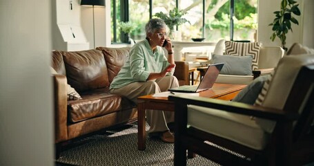 Phone call, research and laptop with old woman on sofa for retirement savings, virtual consultant and audit. Insurance report, contact and annuity fund with person talking in living room of home - Powered by Adobe