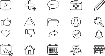 Vector icons for interface UI design including media, chat, notifications, calendar, profile, social reactions, and essential app elements