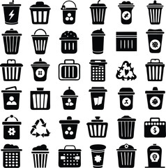 Extensive collection of black and white trash can icons diverse styles and recycling symbols