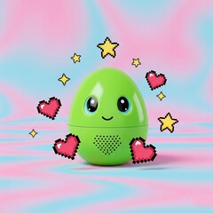 Cute Green Egg-Shaped Toy with Kawaii Face, Pixel Hearts, and Stars on Pastel Background
