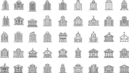 Set of vector building icons including churches, offices, schools, apartments, public institutions, and government architecture in cityscape design