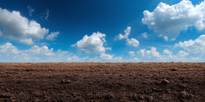 Tilled field under a bright blue sky with fluffy white clouds. The rich, dark soil contrasts with the clear sky, suggesting preparation for planting.