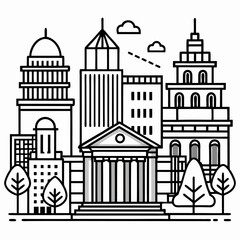 Elegant Line Art Cityscape Black and White Architectural Illustration of Buildings and Skyline