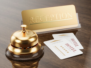 Hotel reception, service bell and cardkeys - 3d illustration