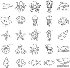 Vector icons of ocean marine life including fish, shells, sea creatures, and underwater animals, hand drawn for educational design use