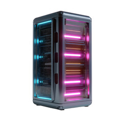 A futuristic server rack with neon lights showcasing data storage and processing capabilities on black