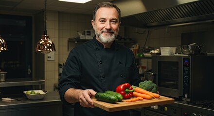 Professional Chef Preparing Healthy Meal with Vegetables on Cutting Board in Commercial Kitchen Smiling Proudly