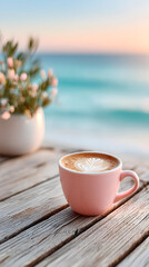Pink coffee cup with latte art placed on rustic wooden table, surrounded by soft beach scenery and gentle waves in the background, evoking a serene atmosphere. Selective focus