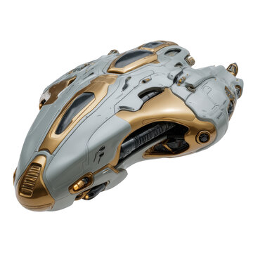 A futuristic spaceship with a sleek design and gold accents on a black isolated background view angled