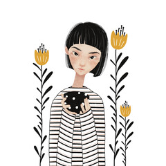 Monochrome Girl Illustration with Soft Color Accents – Stylized Hand Drawn Portrait