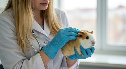 Veterinarian Examines Guinea Pig Health and Caring Veterinary Treatment Pet Care with White Background