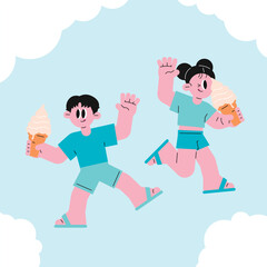 Happy children enjoying ice cream on a sunny summer day.