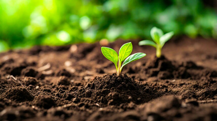 Fototapeta premium small green plants grow in the soil sowing growth of tree seedlings, world environment day