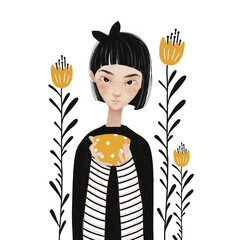 Monochrome Girl Illustration with Soft Color Accents – Stylized Hand Drawn Portrait