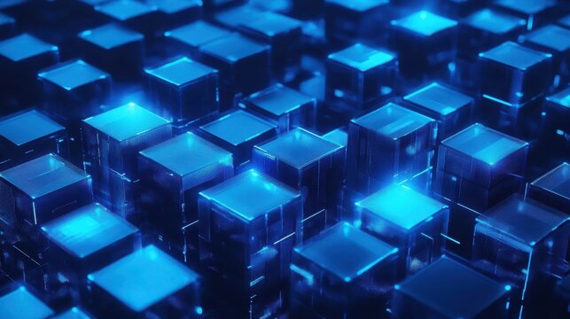 Three-Dimensional Distributed Computing Concept with Blue Abstract Blocks Communicating in Isometric View for Blockchain Technology Landing Page Design