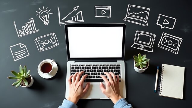 Person working on laptop with digital marketing icons drawn on blackboard