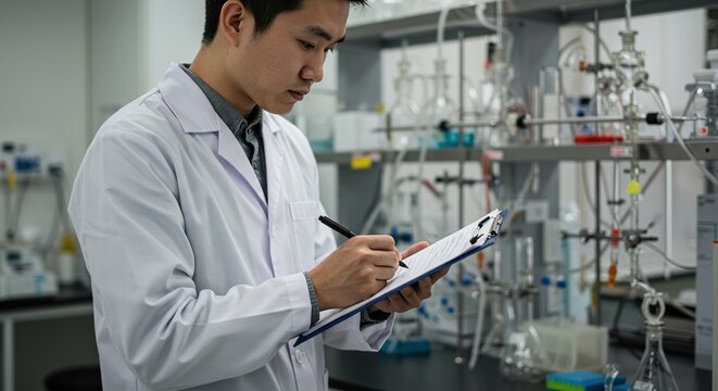 Researcher with Clipboard in Laboratory Writing Results of Scientific Experiment Pharmaceutical Development and Research Process