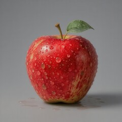 Fresh red apple with water droplets and green leaf on a gray background