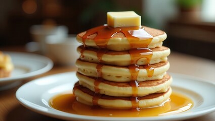 Stack of fluffy pancakes topped with butter and drizzled with maple syrup on a white plate