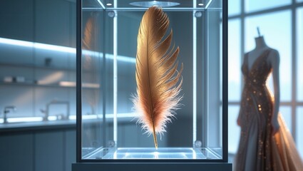 Golden feather displayed in a glass case with a blurred elegant dress in the background