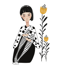 Monochrome Girl Illustration with Soft Color Accents – Stylized Hand Drawn Portrait
