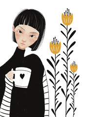 Monochrome Girl Illustration with Soft Color Accents – Stylized Hand Drawn Portrait