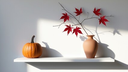 Minimalist autumn decor with pumpkin and vase of red maple leaves on white shelf in sunlight