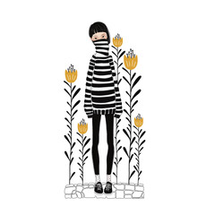 Monochrome Girl Illustration with Soft Color Accents – Stylized Hand Drawn Portrait