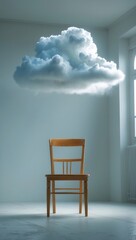 Wooden chair in minimalistic room with a floating cloud above, surreal concept of imagination and creativity