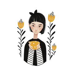 Monochrome Girl Illustration with Soft Color Accents – Stylized Hand Drawn Portrait