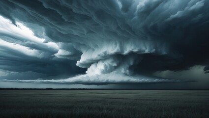 Dramatic storm clouds forming over a vast open field with dark skies and intense atmospheric tension