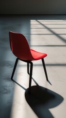 Minimalist red chair with black legs in sunlight on a concrete floor with geometric shadows