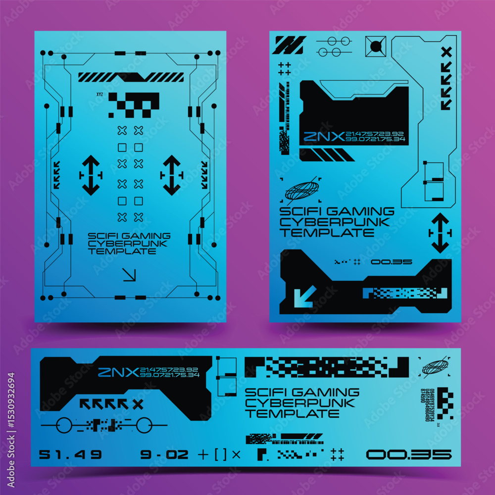 Poster y2k 2000s sci-fi cyberpunk gaming retro-futuristic layout poster banner template set dashboard hud f