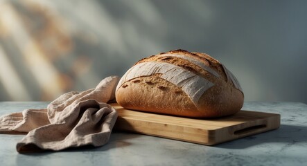 Freshly baked artisan bread loaf on wooden cutting board with linen cloth in soft natural light