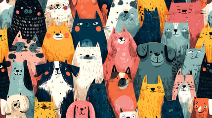 Colorful illustration of various cute animals gathered together in a lively, whimsical setting