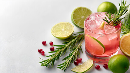 Refreshing cocktail with ice, garnished with lime slices and rosemary, surrounded by fresh limes and pomegranate seeds on a clean white surface. Selective focus